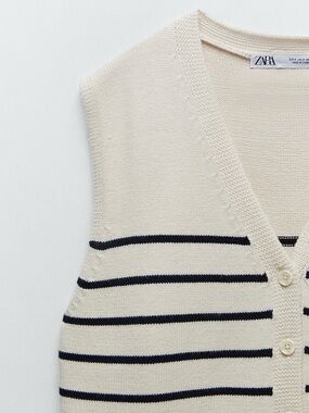 Zara Cream and Black Striped Button-Front Knit Sweater Vest